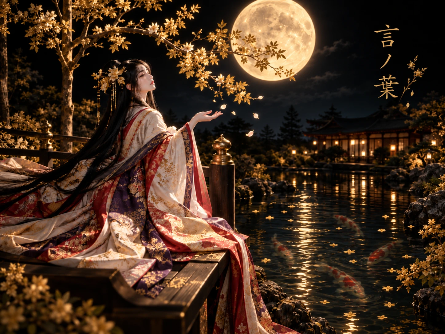 満月の夜、池のほとりで月を仰ぐ十二単の姫